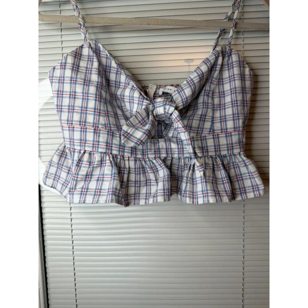 English Factory Plaid Tie Front Peplum Crop Top